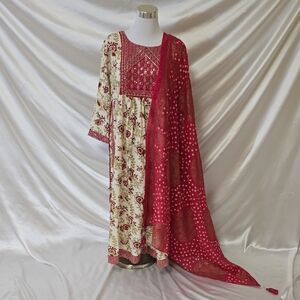 Floral Embroidered Dress with Red Dupatta
